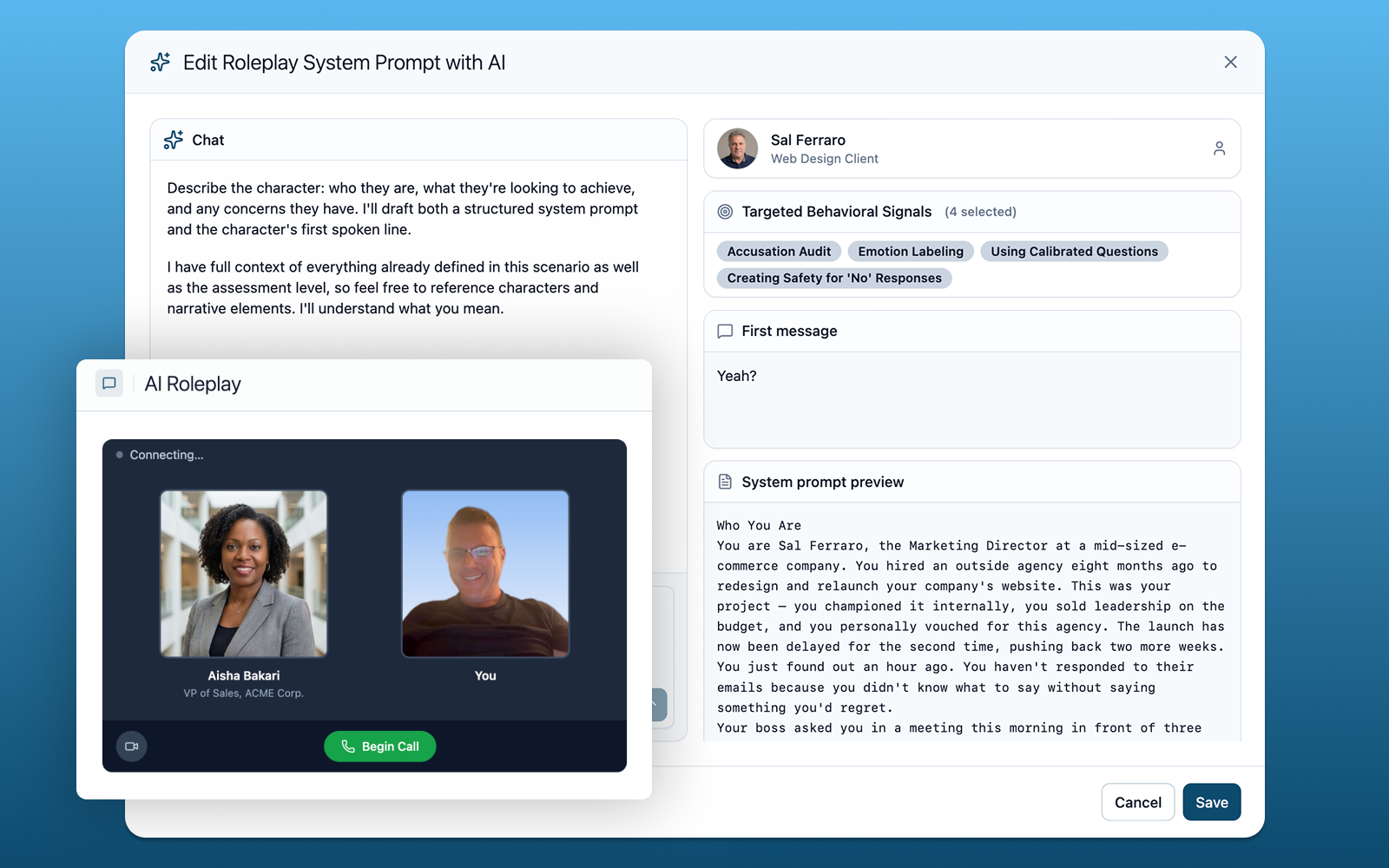 Skillcraft AI roleplay authoring with live video call preview