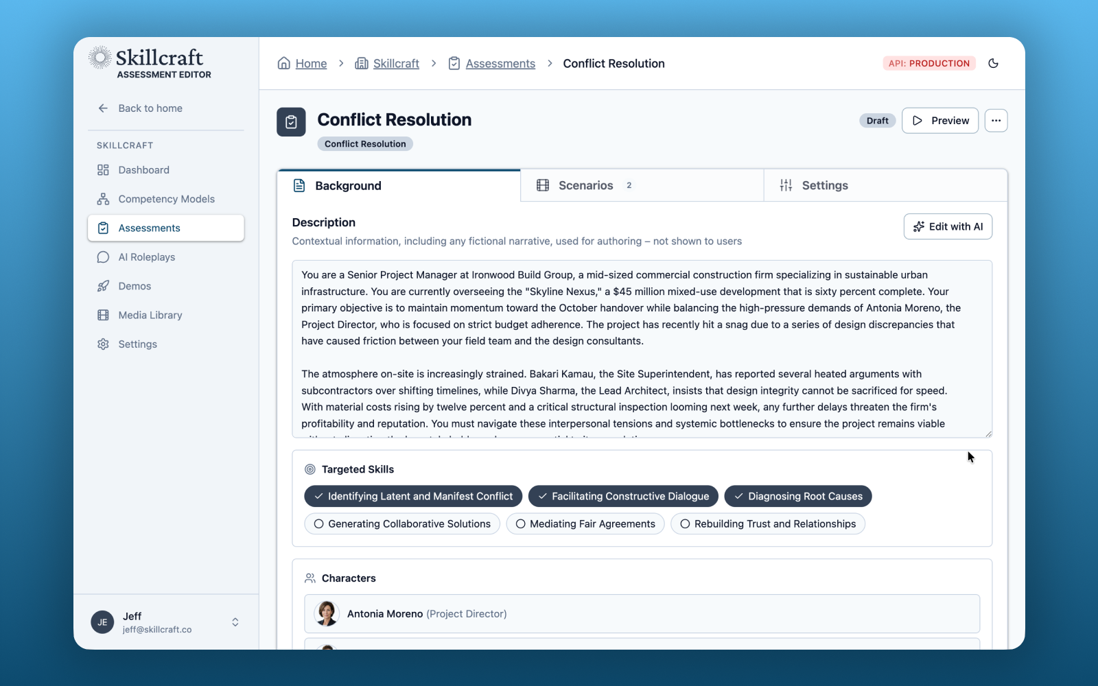 Skillcraft assessment editor showing a conflict resolution scenario