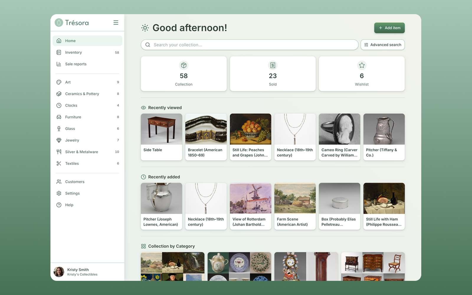 Trésora collection dashboard for thrifting, vintage, and antique collectors
